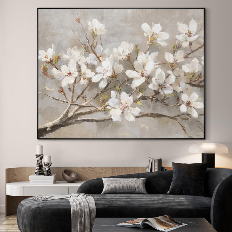 Très grande reproduction d'art sur toile - Branche de cerisier blanc - Illustration florale élégante pour le salon ou la chambre à coucher - «Assemblage requis du cadre (cadre non fini)»