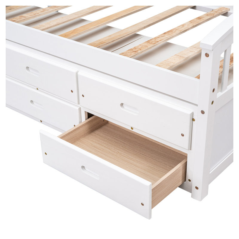 Lit plateforme simple blanc avec 6 tiroirs de rangement, cadre de lit pour enfant en bois massif avec tête et pied de lit