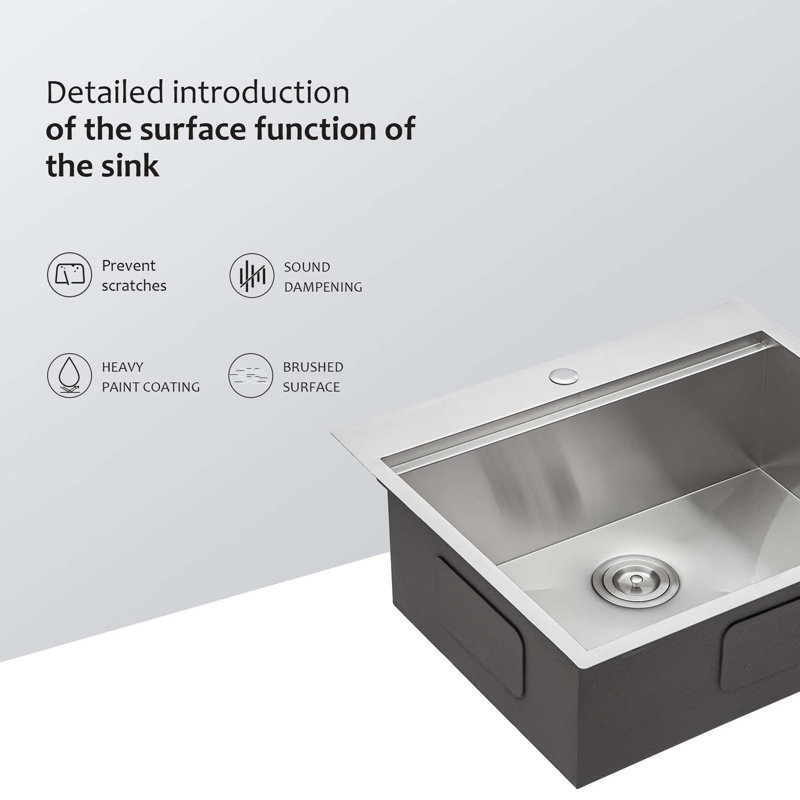 Évier de cuisine à montage sur plan 25 po - Évier de cuisine 25 po x 22 po en acier inoxydable 16 pouces