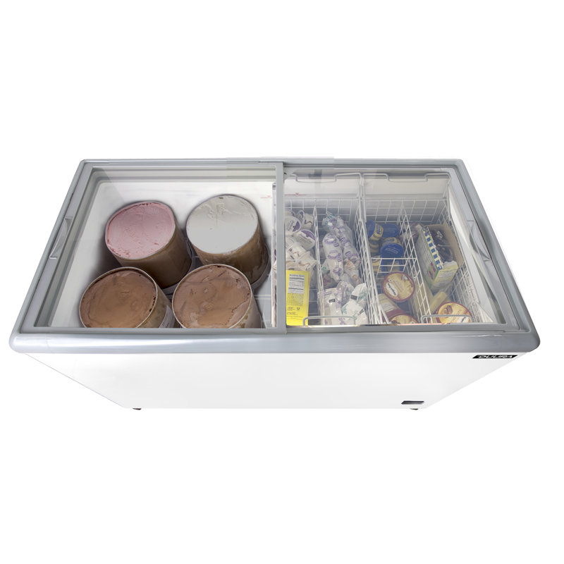 Congélateur de coffre mobile commercial Duura pour crèmes glacées, température inférieure à zéro, couvercle en verre plat sans givre, paniers métalliques, 132 cm de large x 36 cm de profondeur, 311 litres, blanc