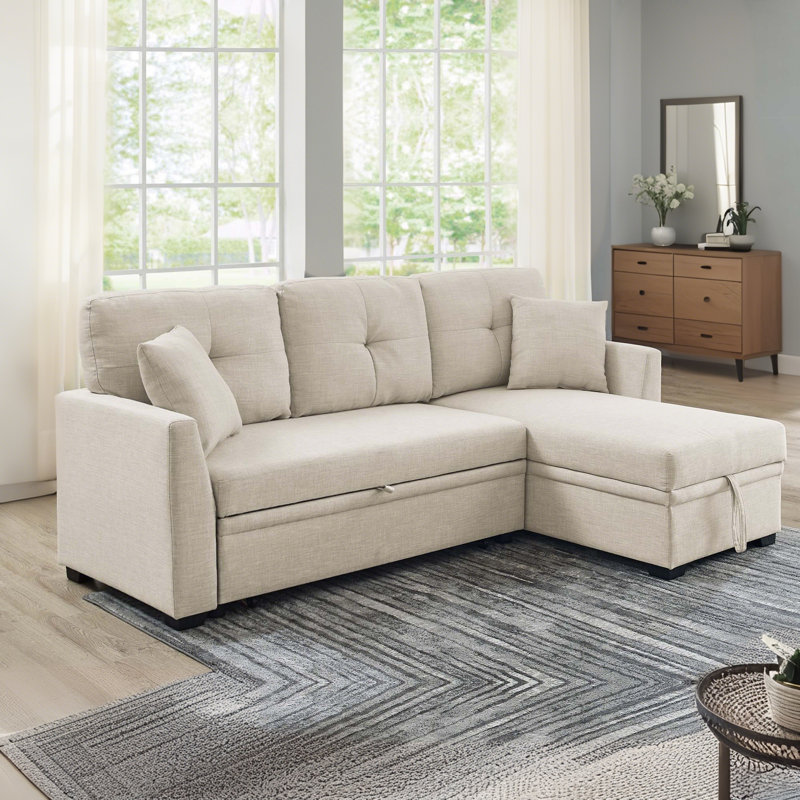 83" Modern Pull Out Sectional Sofa With Left Storage Chaise, Beige