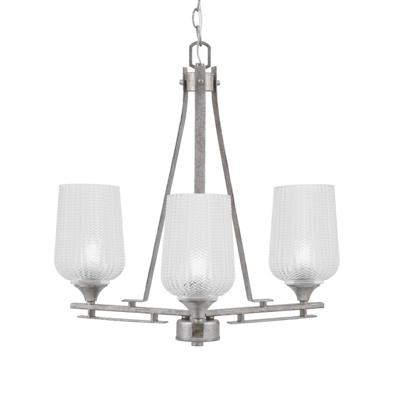 Uptowne 3 Light Uplight Chandelier Shown In Aged Silver Finish With 5" Clear Textured Glass