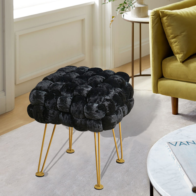 16" Wide Velvet Square Ottoman, Jet Black Velvet