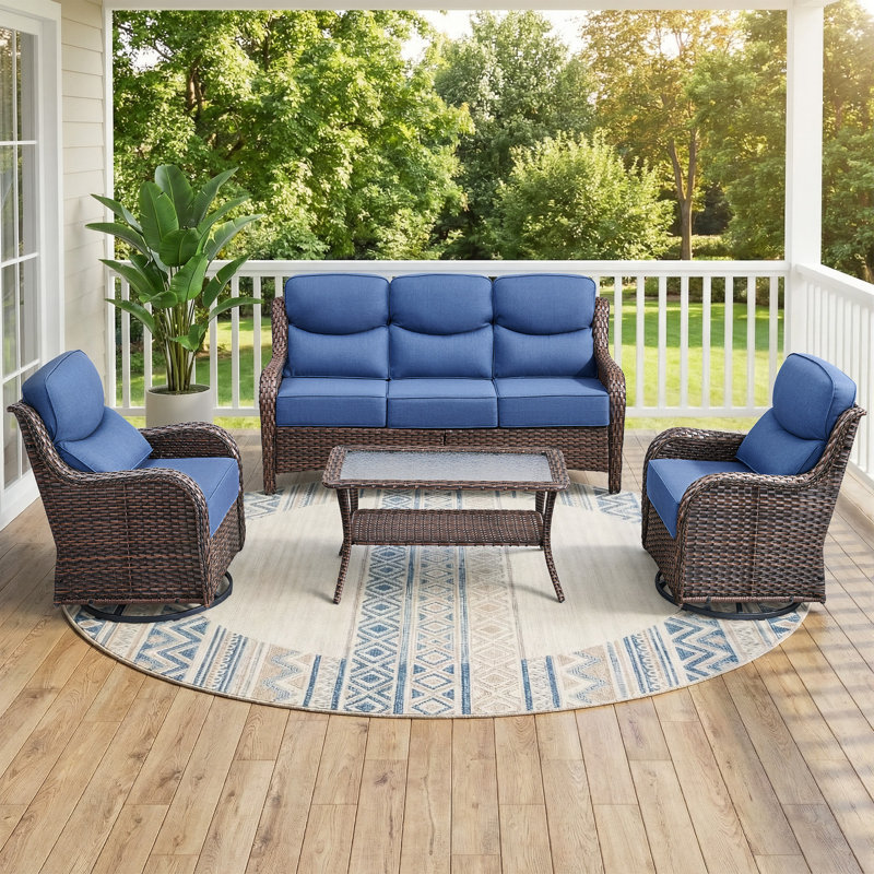 Ensemble de conversation de patio en osier 4 pièces avec table basse et chaises pivotantes de luxe de 6 pouces Abbey, Bleu