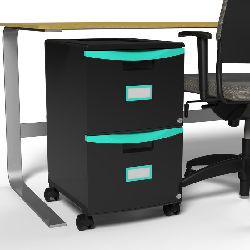  2 Drawer Mobile File Cabinet With Lock, Black & Teal, Teal