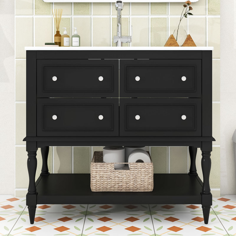 Chiharu Elegant 36-Inch Wood Bathroom Vanity Set with Ceramic Sink and Spacious Storage, Black
