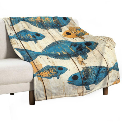 Jeté de poisson bleu en flanelle de luxe peint en bois patiné, couverture douce et chaude pour le canapé-lit du salon