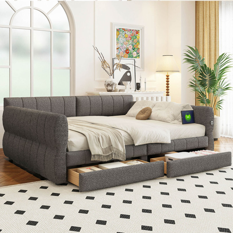 Upholstered Platform Bed With USB And 2 Drawers, Gray