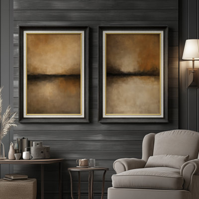 «Warm Neutral Abstract Horizon Rustic Contemporary», ensemble de 2 reproductions d'art encadrées sur papier de qualité supérieure 26 po x 36 po