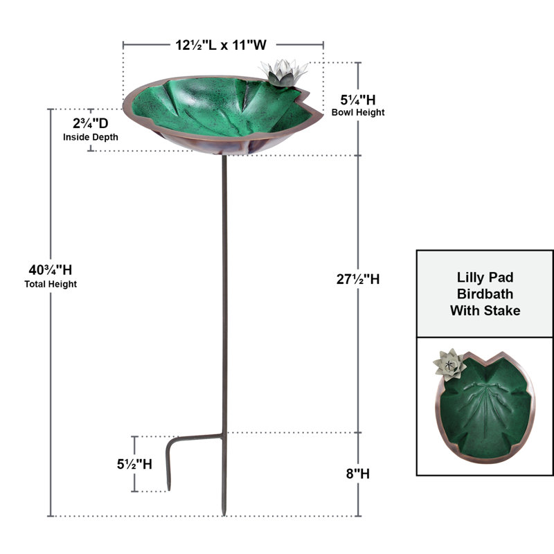 Green Patina Metal Lilypad Birdbath with Stake