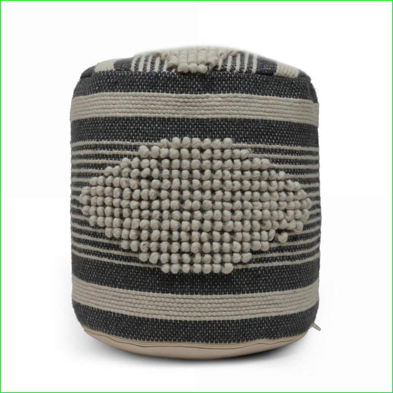 Pouf, Handcrafted Wool-Cotton Cylindrical, Beige &amp; Dark Gray | Fabric | Dawn Grey