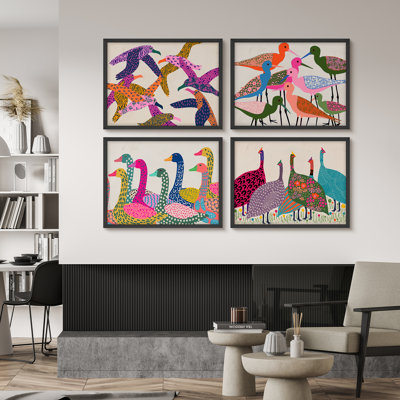 4-Piece Colourful Bird Wall Art Set – Bright Folk Art Style Framed Prints Featuring Patterned Birds for Kids Room or Playroom Décor