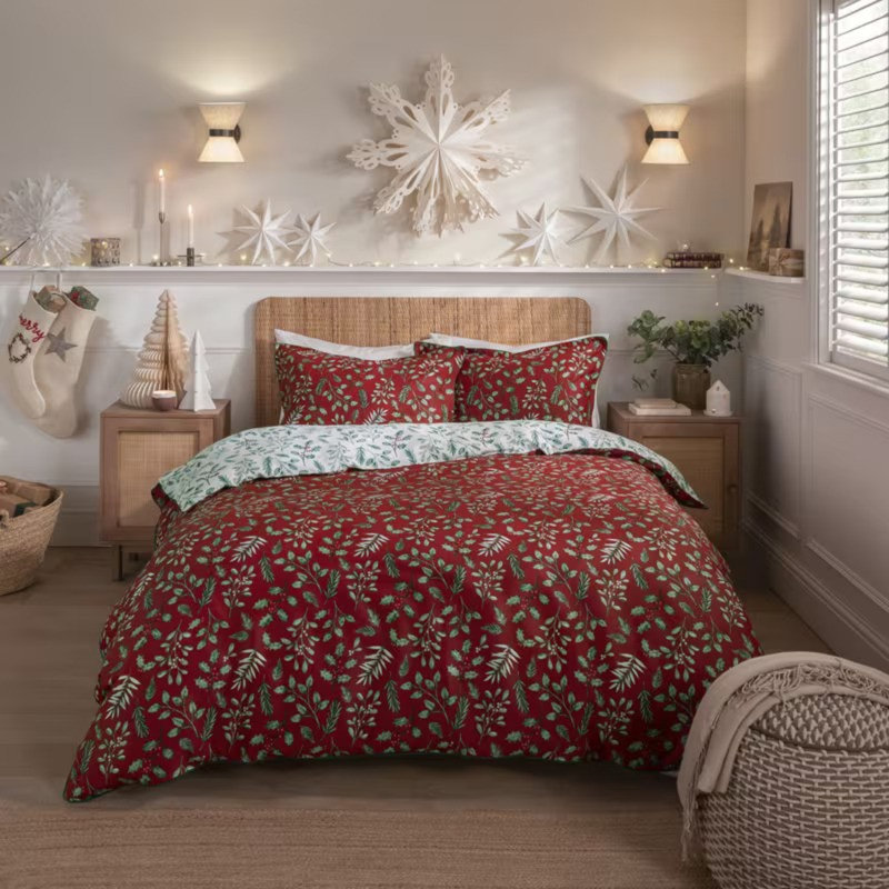 Duvet Cover Set – 100% Cotton Red Leaf Print, Soft Comfortable Bedding Set With Pillowcases