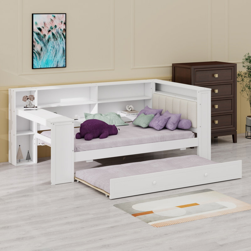 Space-Saving Platform Bed Including Storage Shelves, Trundle, Charging Station, LED, Desk and Upholstered Headboard