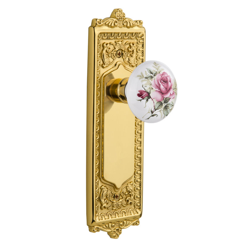 Plaque Egg & Dart avec bouton de porte en porcelaine blanche, Laiton poli