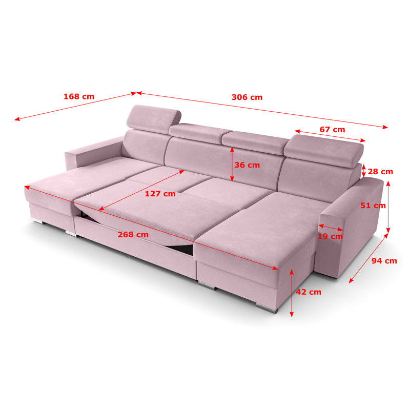 Corner sofa with sleep function and bed box FOX, Pink polyester
