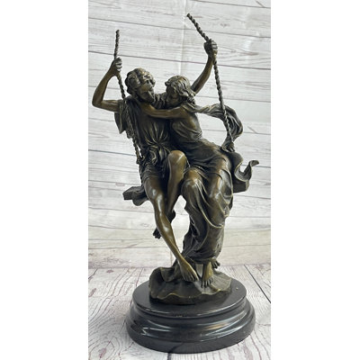 Dobbs Romantic Lovers Couple Man & Woman on Swing Bronze Figure Statue Sculpture Marble Base 14" x 7.5"