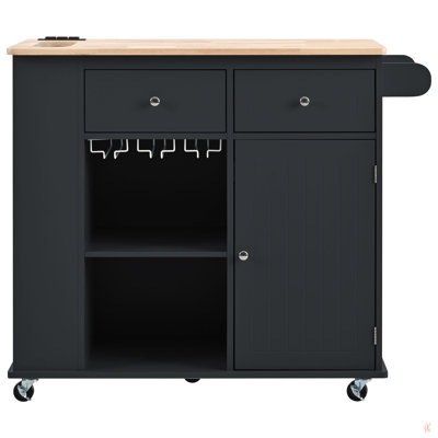 Kitchen Island With Power Outlet,Kitchen Storage Island With Drop Leaf And Rubber Wood,Open Storage And Wine Rack,5 Wheels,With Adjustable Storage For by Ebern Designs