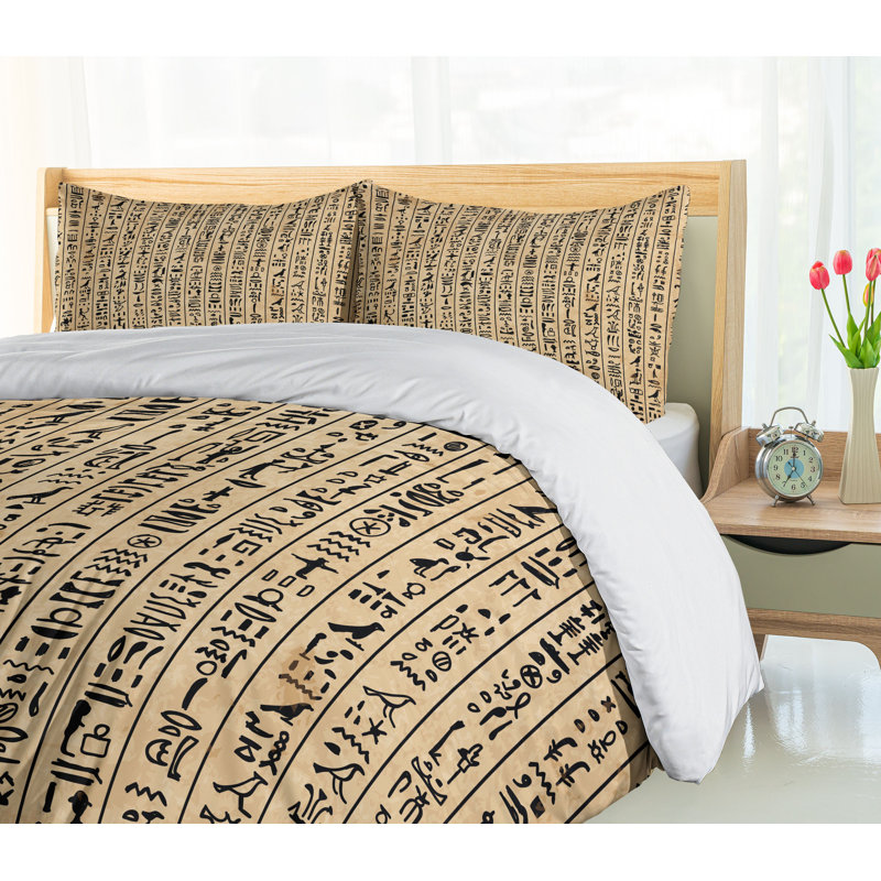Egyptian Hieroglyphs Sand Brown Microfiber Queen Duvet Cover Set