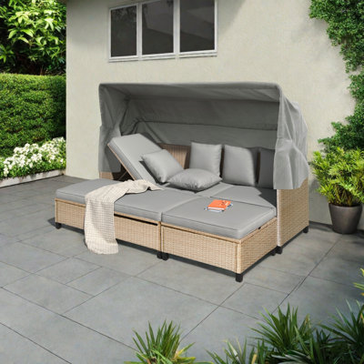 Modern Outdoor Patio Furniture Set With Retractable Canopy, Uv-Resistant Wicker Sofa Set, Compact Space-Saving Design, Adjustable Reclining Positions, Cushioned Rattan Sofa And Ottomans
