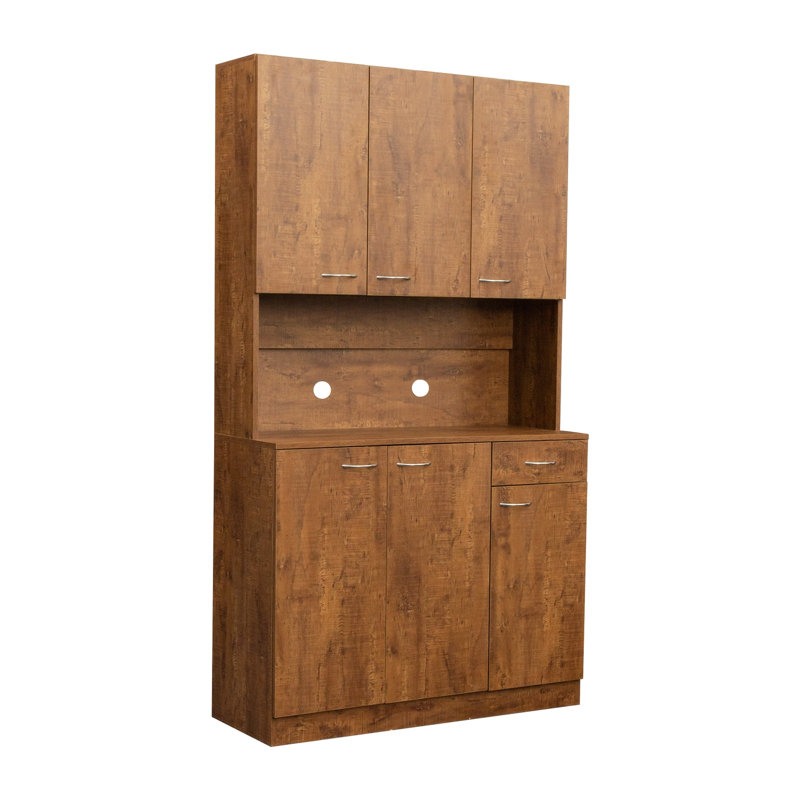 Tall Wardrobe& Kitchen Cabinet, with 6-Doors, 1-Open Shelves and 1-Drawer, Walnut