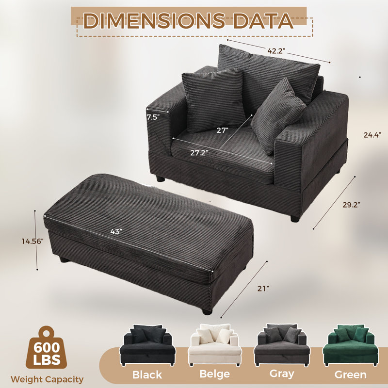 Boneless Modern Corduroy Upholstered Sofa Chaise Lounge Chair With Removable Ottoman, Gray, Non-Storage Ottoman
