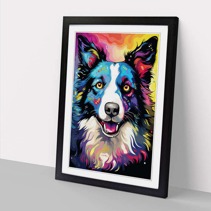 Border Collie Modern - Single Picture Frame Print on Wood, Black Framed, 46cm H x 34cm W x 2cm D