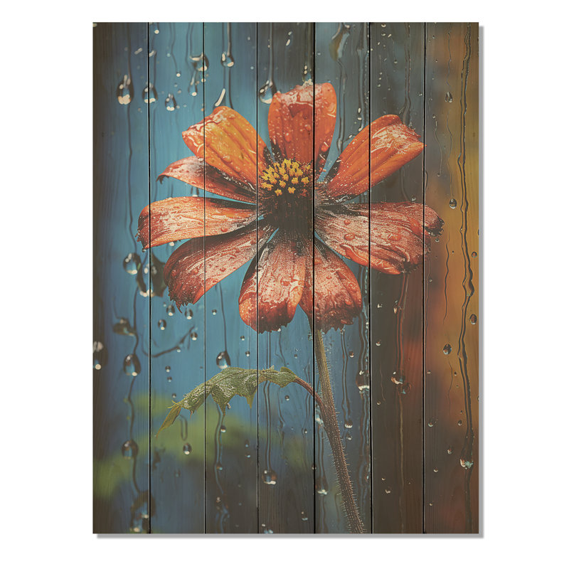 Fleurs de souci rouges pluvieuses - souci sur impression sur bois, H 20 po x l 10 po