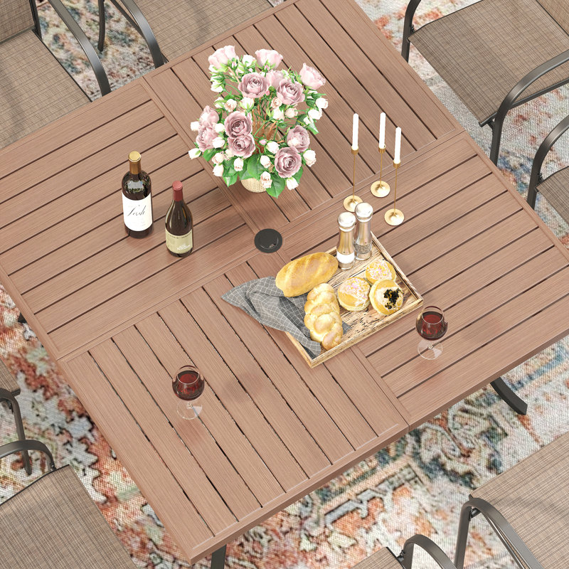 Patio Dining Set with Stackable Textilene Armrest Chairs and 59" Square Dining Table, Brown/Brown