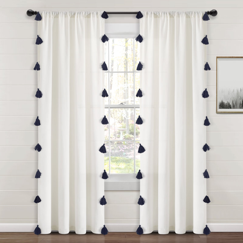 Lush Decor Boho Faux Linen Texture Tassel Semi-Sheer Single Curtain Panel, White/Navy