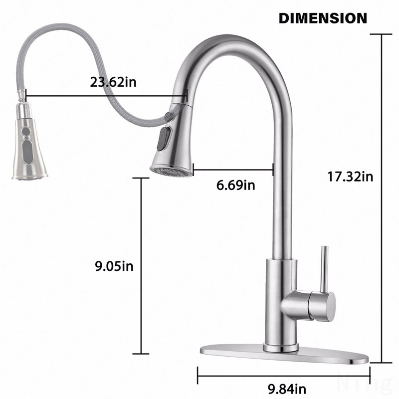 Robinet de cuisine rétractable, installation monotrou / pont avec douchette en acier inoxydable et poignée simple