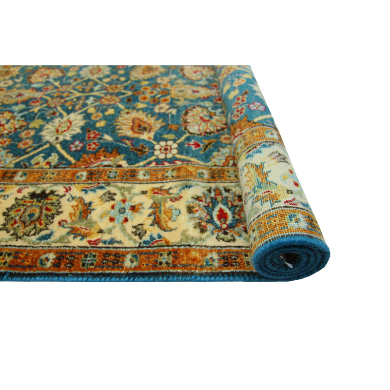 Tapis unique en laine noué à la main bleu / brun 3 pi 2 po x 4 pi 10 po Carlotta