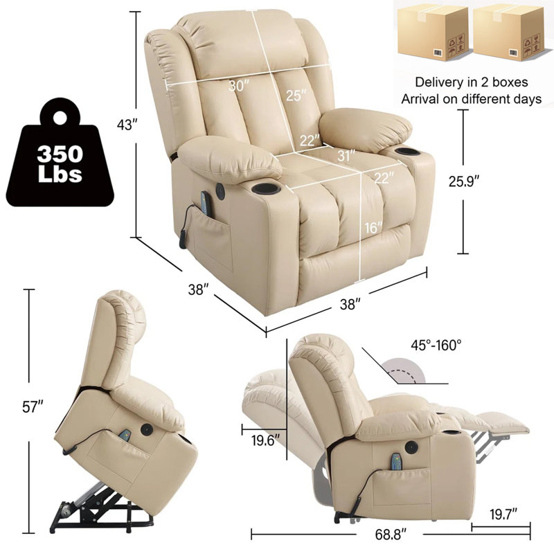 Power Lift Recliner Chair Electric Leather Heated Massage Chair with USB Port and Cupholder, Beige