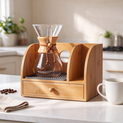 Bamboo Coffee Pour Over Caddy with Drawer, Filter Holder and Heatproof Mat, Wood Coffee Bar Station Organizer Stand for Kitchen Counter and Home