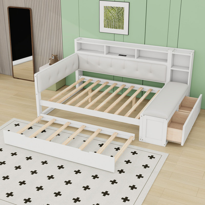 Daybed with Trundle, Storage Shelves, Bench and  Charging Station, White Cream White