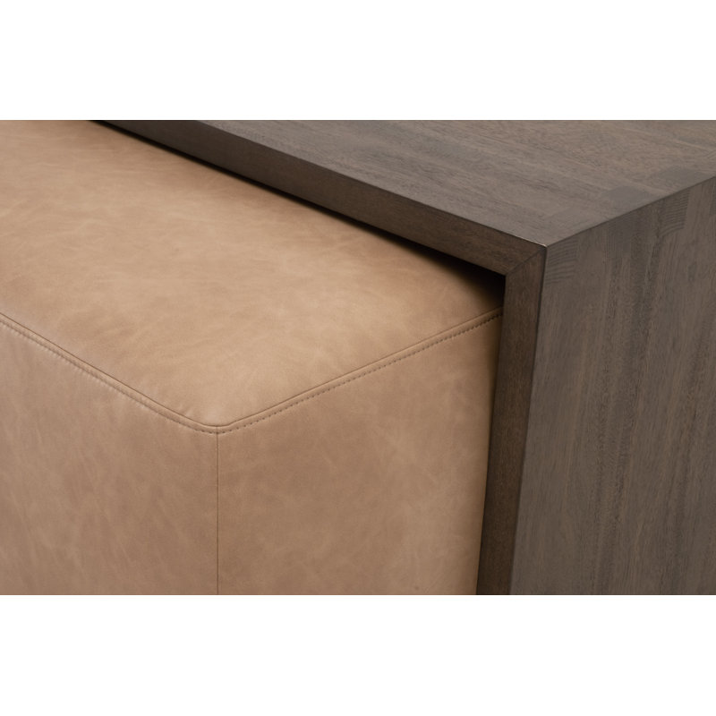 Burnished Brown Acacia Rectangular Coffee Table with Tan Vegan Leather Ottoman