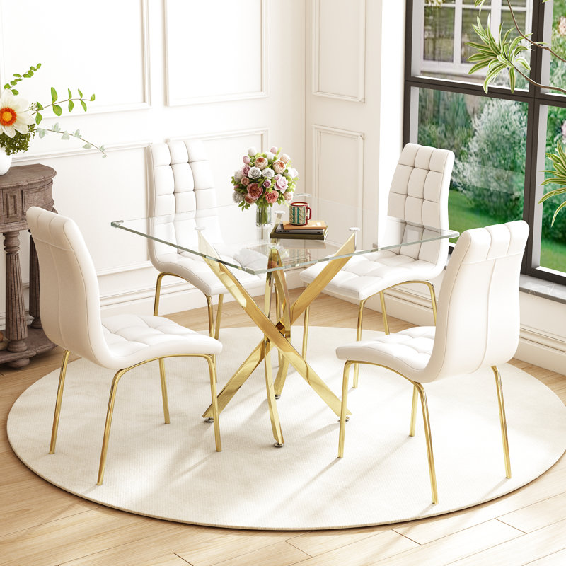 5 - Piece Pedestal Dining Set, Gold, White/Gold