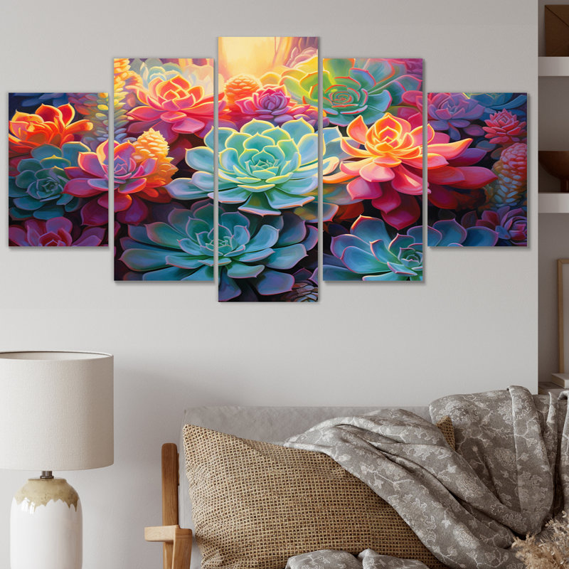 «Colorful Succulents Succulent Twilight», impression murale d'art floral - 5 panneaux