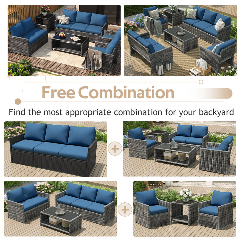 7 - Person Outdoor Seating Group with Cushions and Cover, Blue Cushion/Gray Frame