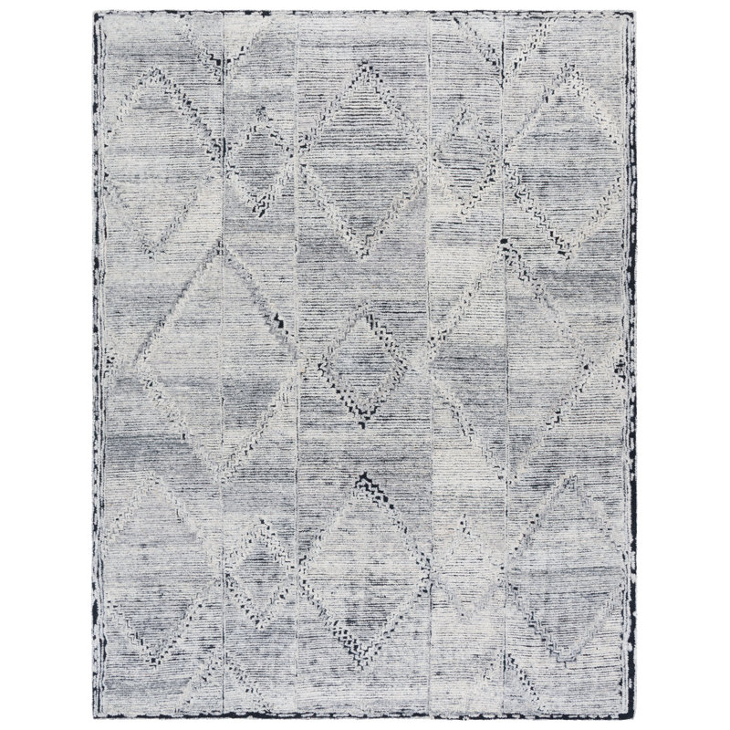 Tapis gris / ivoire / noir en laine / coton touffeté à la main Aniqa, Rectangle 8 pi x 10 pi