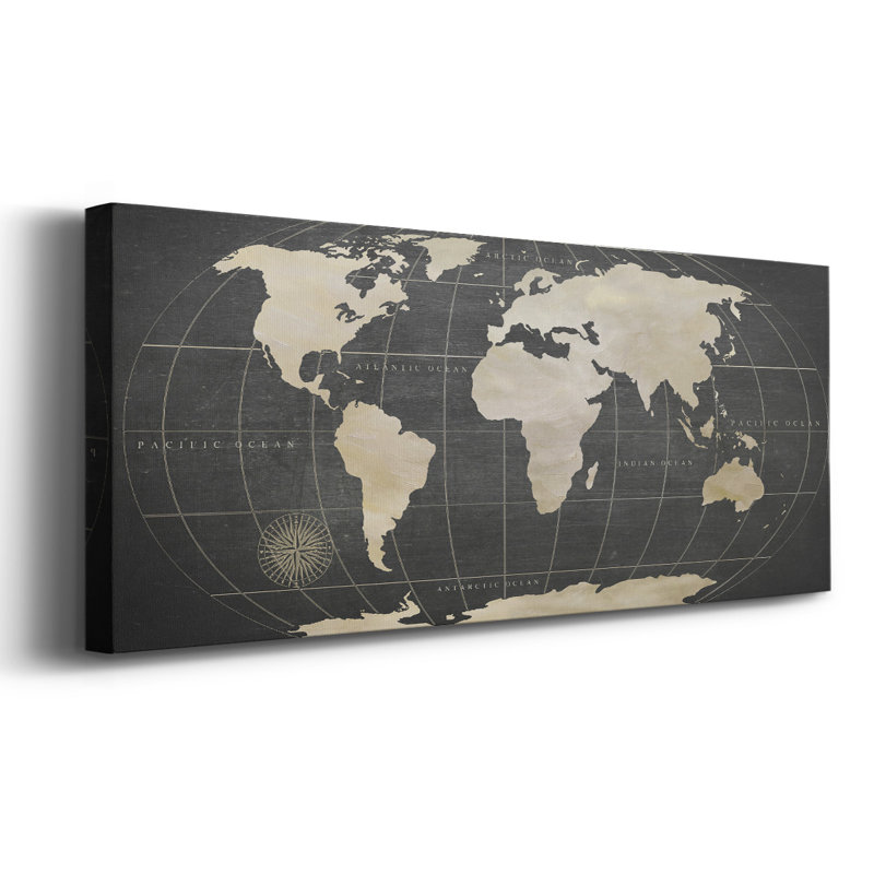 Toile tendue avec carte du monde rétro, H 24 po x l 60 po x P 1,5 po