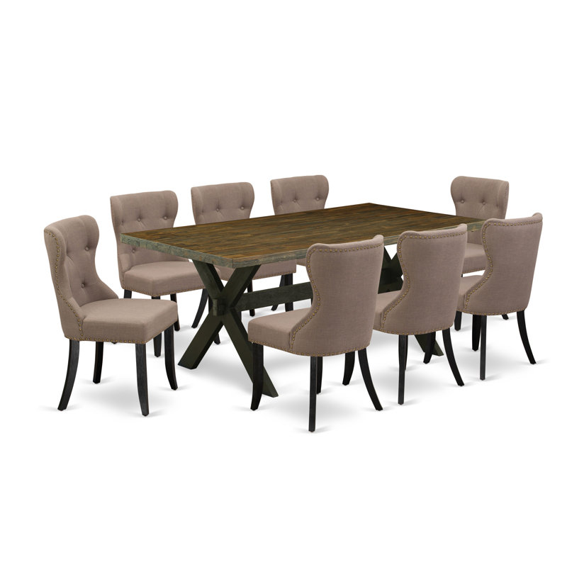 L'ensemble de table de cuisine 9 pièces comprend une table de salle à manger rectangulaire avec pieds en X et 8 chaises de salle à manger Parson en tissu de lin, finition noire brossée