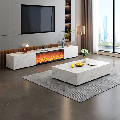 70.87"Sintered Stone TV Stand with Recessed Decorative Electric Fireplace & Realistic Simulated LED Faux Flame