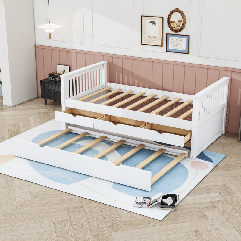 Twin Wood Daybed with Twin Trundle and Drawers, White