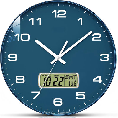Horloge murale, cadran 12 po, analogique à pile, avec affichage à cristaux liquides pour calendrier perpétuel et température F °, idéal pour une maison moderne, une chambre à coucher, une cuisine, un bureau (bleu)