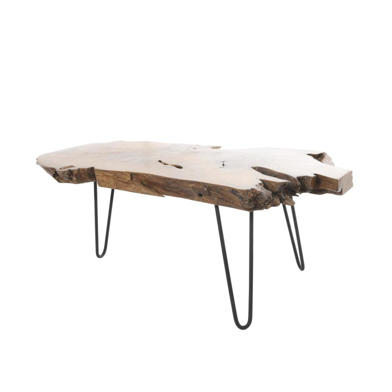 Table basse de salon en bois de teck brun fait à la main avec pieds en épingle à cheveux en métal noir, 43 po x 24 po x 17 po