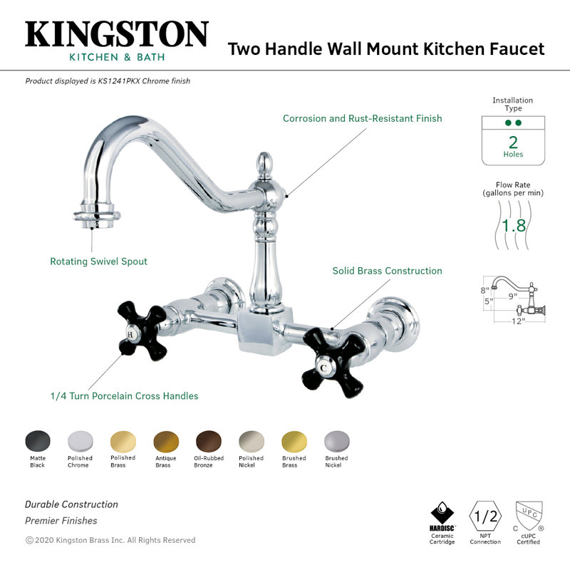 Kingston Brass Duchess Double-Handle 2-Hole Wall-Mount Bridge Kitchen Faucet, Brushed Brass