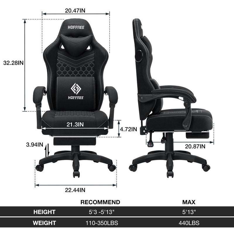 Fauteuil inclinable et ergonomique inclinable en tissu et jeu de course avec haut-parleurs Bluetooth et coussin lombaire à vibration