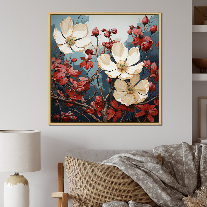 Fleur de cornouiller tranquille blanche et rouge II - cornouiller, Cadre flottant brun, 16" H x 16" W