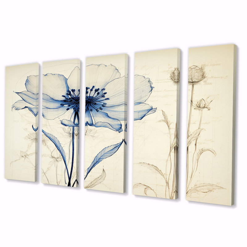 Illustration rétro de marguerite bleue II, reproduction d'art sur toile, 5 panneaux égaux